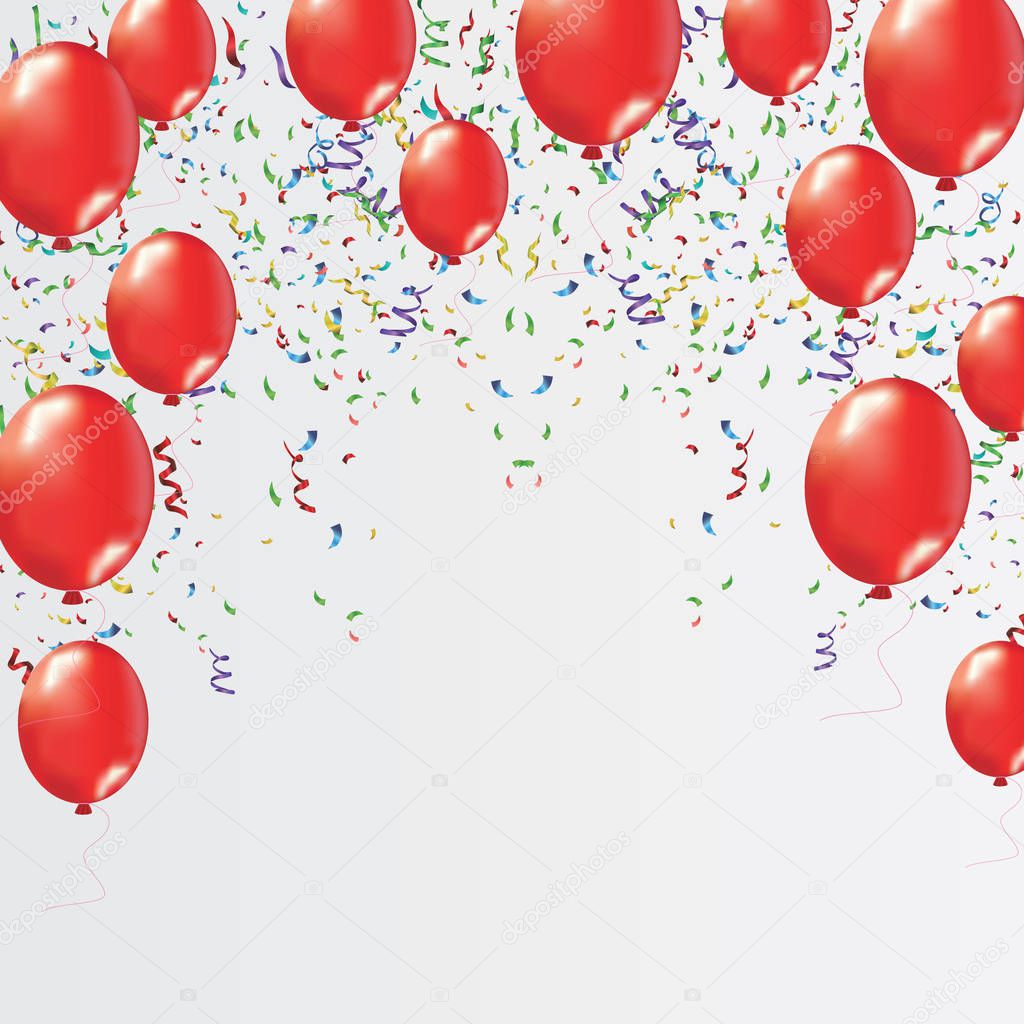 Colorful confetti on a beautiful background with balloons. Celebration and party. Colorful bright confetti isolated on transparent background. Festive vector illustration.