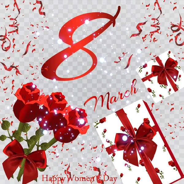Március Üdvözlőlapsablonba Women Holiday Üdvözlés Kártya Val Virágok Rózsa Csokor — Stock Vector