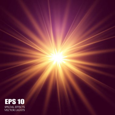 Soyut ışık ışınlarının vektör illüstrasyonu. Bir dizi yıldız, ışık ve ışıltı, ışınlar ve parlaklık. Parlak ışık efekti. Vektör çizimi. Noel flaşı Konsepti.