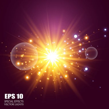 Vektör şeffaf güneş ışığı özel lens flare ışığı efekti. Sihirli toz parçacıklarının köpüklü