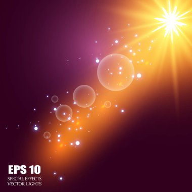 Vektör şeffaf güneş ışığı özel lens flare ışığı efekti. Sihirli toz parçacıklarının köpüklü