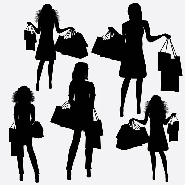 Модна Молода Дівчина Купує Чорний Силует Дівчини Покпрки Поїздки Покупками — стоковий вектор