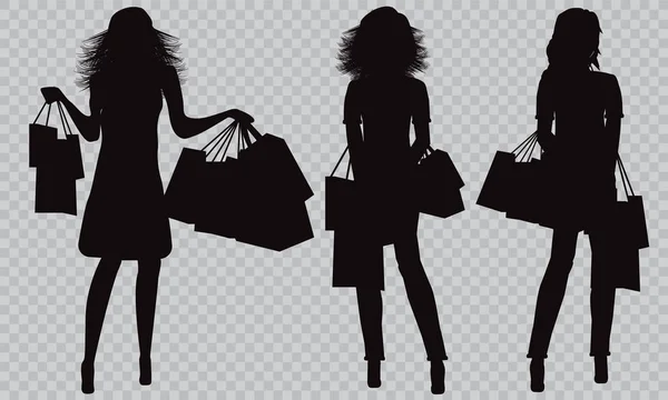 Fashionable Young Girl Makes Purchases Black Silhouette Girl Pokeprki Shopping — Stock Vector