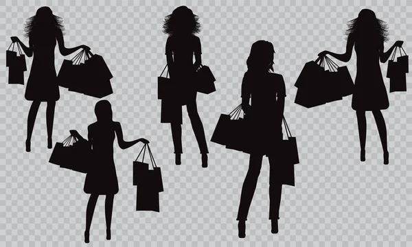 Fashionable Young Girl Makes Purchases Black Silhouette Girl Pokeprki Shopping — Stock Vector