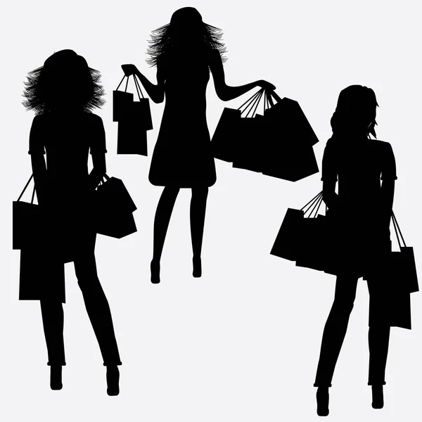 Fashionable Young Girl Makes Purchases Black Silhouette Girl Pokeprki Shopping — Stock Vector