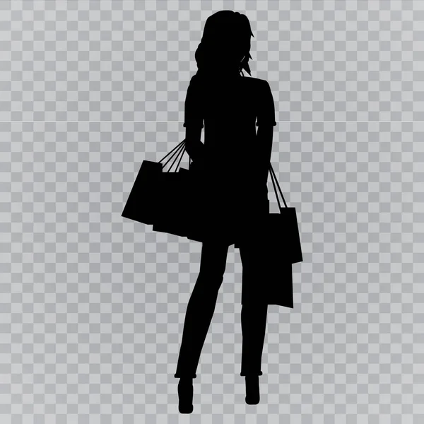 Fashionable Young Girl Makes Purchases Black Silhouette Girl Pokeprki Shopping — Stock Vector