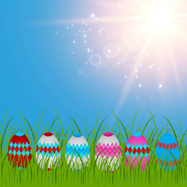 Huevos Pascua Hierba Verde Vacaciones Temporada Abril Huevo Colorido Flores — Vector de stock