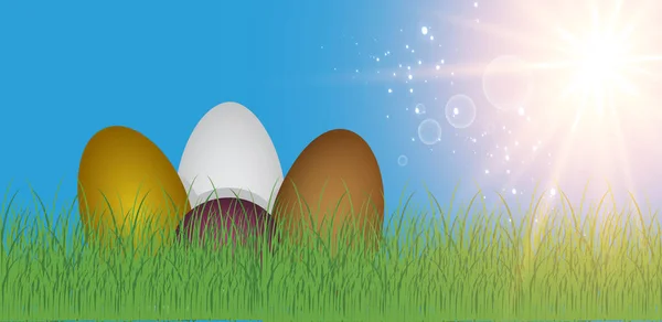 Великодні Яйця Зеленій Траві Сезонні Свята Квітні Барвисте Яйце Квіти — стоковий вектор