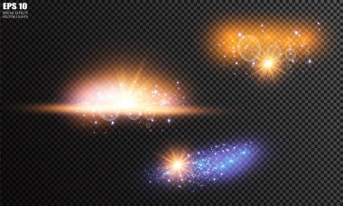 Soyut ışık ışınlarının vektör illüstrasyonu. Bir dizi yıldız, ışık ve ışıltı, ışınlar ve parlaklık. Parlak ışık efekti. Vektör çizimi. Noel flaşı Konsepti