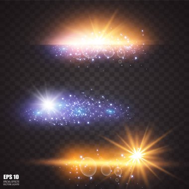 Soyut ışık ışınlarının vektör illüstrasyonu. Bir dizi yıldız, ışık ve ışıltı, ışınlar ve parlaklık. Parlak ışık efekti. Vektör çizimi. Noel flaşı Konsepti