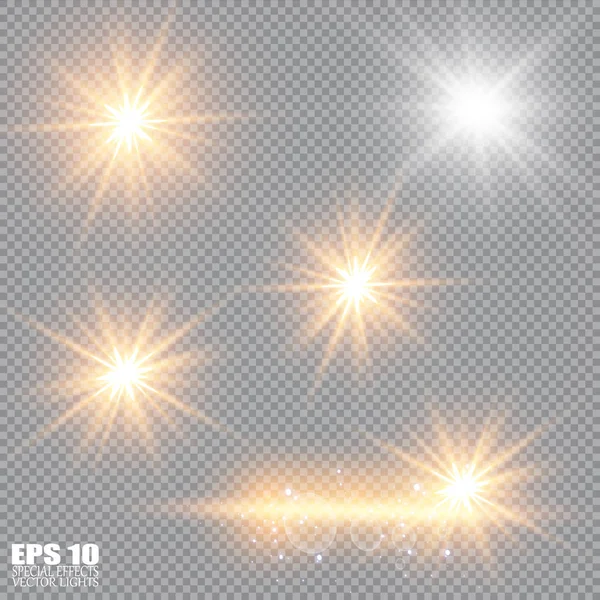 Ilustración Vectorial Rayos Luz Llamarada Abstracta Conjunto Estrellas Luz Resplandor — Vector de stock