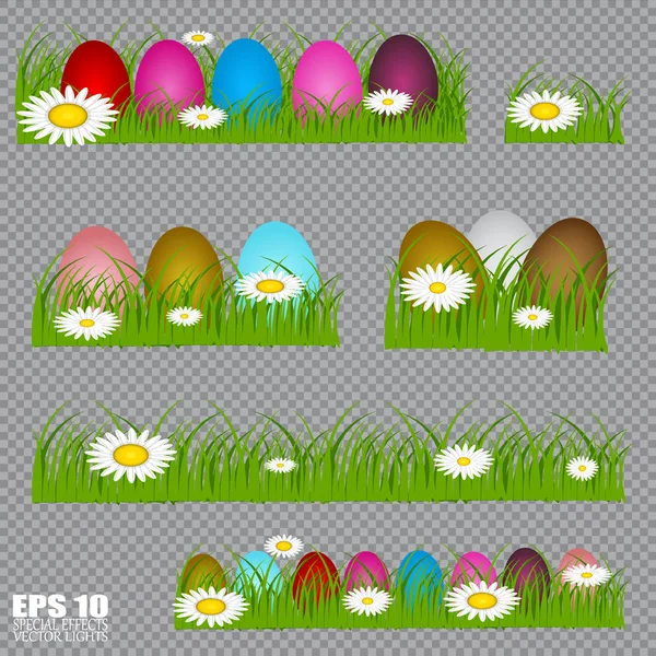Velikonoční Vajíčka Zelené Trávě Sezónní Svátky Dubnu Barevné Vejce Květiny — Stockový vektor