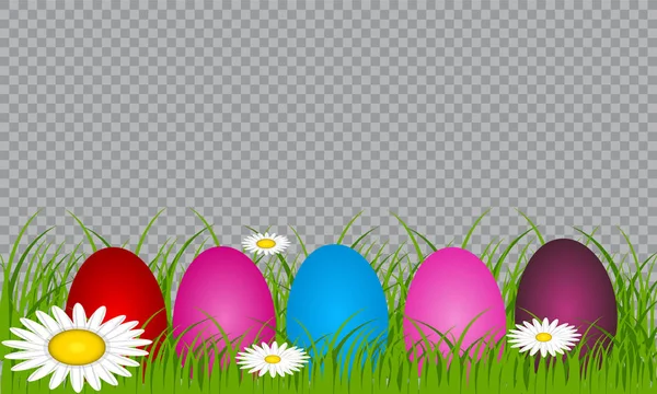 Velikonoční Vajíčka Zelené Trávě Sezónní Svátky Dubnu Barevné Vejce Květiny — Stockový vektor