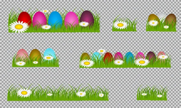 Пасхальные Яйца Зеленой Траве Сезонные Каникулы Апреле Красочные Яйца Цветы — стоковый вектор