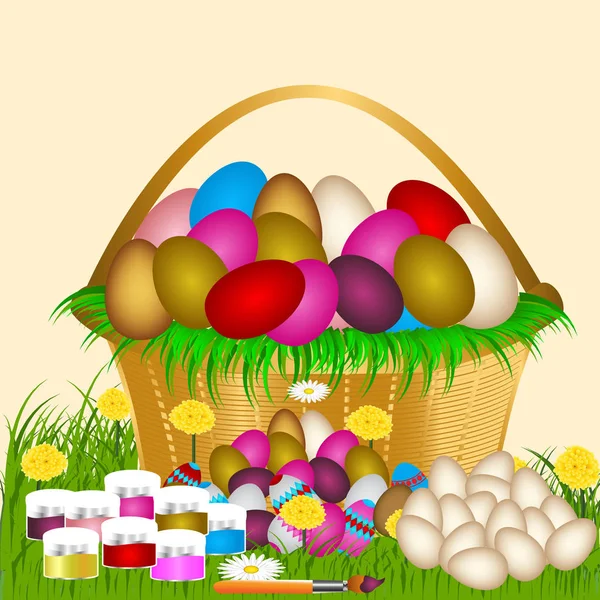 Easter. Colored Easter eggs with various patterns and an Easter basket. Set of Easter eggs with different texture on a white background. Spring holiday. Vector illustration.