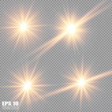 Soyut ışık ışınlarının vektör illüstrasyonu. Bir dizi yıldız, ışık ve ışıltı, ışınlar ve parlaklık. Parlak ışık efekti. Vektör çizimi. Noel flaşı Konsepti