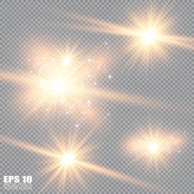 Soyut ışık ışınlarının vektör illüstrasyonu. Bir dizi yıldız, ışık ve ışıltı, ışınlar ve parlaklık. Parlak ışık efekti. Vektör çizimi. Noel flaşı Konsepti