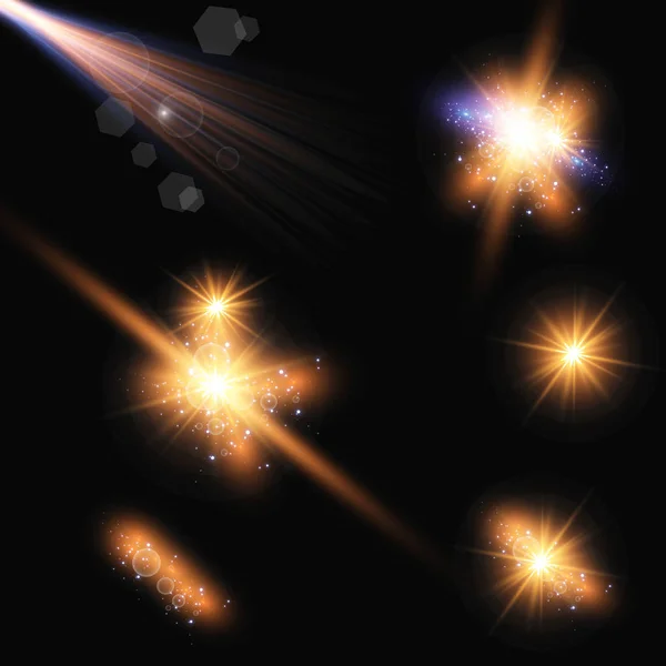 Ilustração Vetorial Raios Luz Flare Abstratos Conjunto Estrelas Luz Brilho —  Vetores de Stock