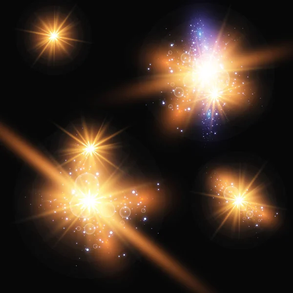 Ilustración Vectorial Rayos Luz Llamarada Abstracta Conjunto Estrellas Luz Resplandor — Vector de stock