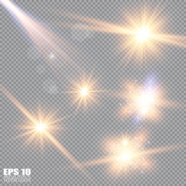 Soyut ışık ışınlarının vektör illüstrasyonu. Bir dizi yıldız, ışık ve ışıltı, ışınlar ve parlaklık. Parlak ışık efekti. Vektör çizimi. Noel flaşı Konsepti