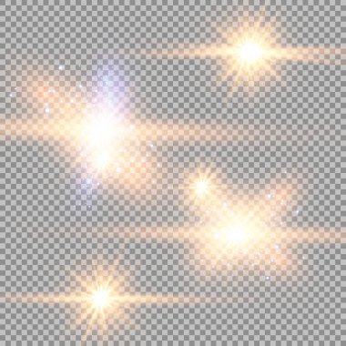 Soyut ışık ışınlarının vektör illüstrasyonu. Bir dizi yıldız, ışık ve ışıltı, ışınlar ve parlaklık. Parlak ışık efekti. Vektör çizimi. Noel flaşı Konsepti