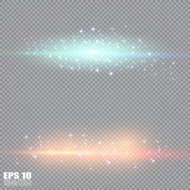 Vektör şeffaf güneş ışığı özel lens flaş efekti. Ön güneş merceği flaşı. Işık altında vektör bulanıklığı. Dekor elementi. Yatay yıldız ışınları ve projektör ışığı. 