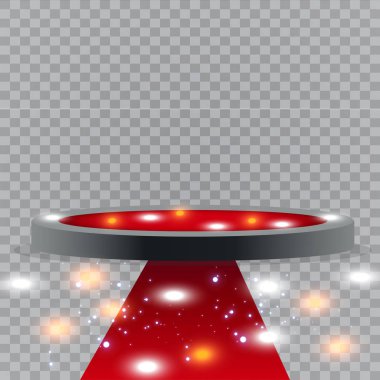Parlak arka planda perde ile podyum. Ödül töreni için boş bir kaide. Spot ışıkları ile aydınlatılmış platform. Vektör Illustration.