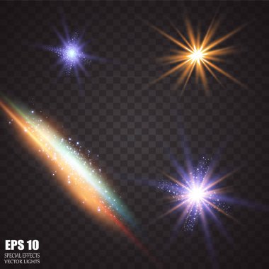 Parlaklık ışık efekti. Vektör Illustration. Noel flaş kavramı. Soyut parlama ışık ışınları vektör Illustration. Gündoğumu, şafak. Vektör şeffaf güneş ışığı. Özel objektif flare ışık efekti