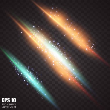 Parlaklık ışık efekti. Vektör Illustration. Noel flaş kavramı. Soyut parlama ışık ışınları vektör Illustration. Gündoğumu, şafak. Vektör şeffaf güneş ışığı. Özel objektif flare ışık efekti