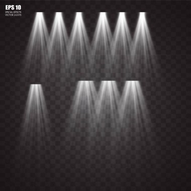 Vektör şeffaf güneş ışığı özel lens flaş efekti. Ön güneş merceği flaşı. Işık altında vektör bulanıklığı. Dekor elementi. Yatay yıldız ışınları ve projektör ışığı. 