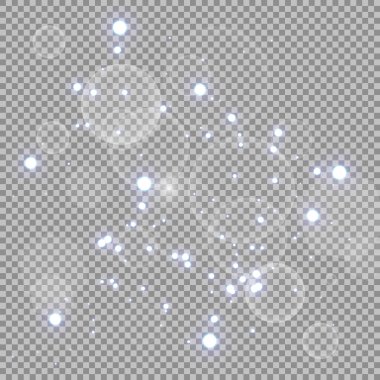 Beyaz toz. Beyaz kıvılcım ve altın yıldız ile özel ışık parlaklık. Vektör şeffaf bir arka plan üzerinde parıldıyor. Noel soyut desen. Köpüklü büyülü toz parçacıkları.