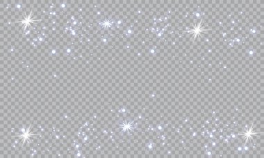 Beyaz toz. Beyaz kıvılcım ve altın yıldız ile özel ışık parlaklık. Vektör şeffaf bir arka plan üzerinde parıldıyor. Noel soyut desen. Köpüklü büyülü toz parçacıkları.