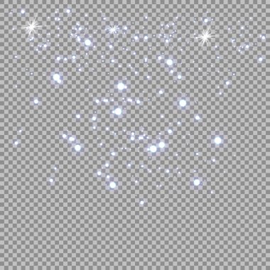 Beyaz toz. Beyaz kıvılcım ve altın yıldız ile özel ışık parlaklık. Vektör şeffaf bir arka plan üzerinde parıldıyor. Noel soyut desen. Köpüklü büyülü toz parçacıkları.