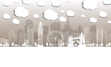 Kağıt güzel illüstrasyon. Anahat Londra İngiltere'ye hoş geldiniz. Vektör İllüstrasyon. Modern Mimari ile İş Seyahati ve Turizm Konsepti. Landmarks ile Londra Cityscape.