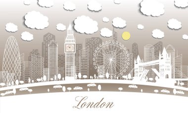 Kağıt güzel illüstrasyon. Anahat Londra İngiltere'ye hoş geldiniz. Vektör İllüstrasyon. Modern Mimari ile İş Seyahati ve Turizm Konsepti. Landmarks ile Londra Cityscape.