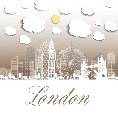 Kağıt güzel illüstrasyon. Anahat Londra İngiltere'ye hoş geldiniz. Vektör İllüstrasyon. Modern Mimari ile İş Seyahati ve Turizm Konsepti. Landmarks ile Londra Cityscape.