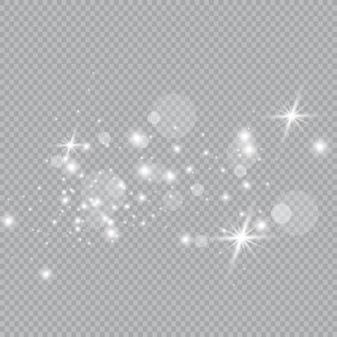 Beyaz toz. Beyaz kıvılcım ve altın yıldız ile özel ışık parlaklık. Vektör şeffaf bir arka plan üzerinde parıldıyor. Noel soyut desen. Köpüklü büyülü toz parçacıkları.