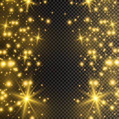Toz sarıdır. Sarı kıvılcımlar ve altın yıldızlar özel ışıkla parlıyorlar. Şeffaf bir arkaplanda vektör parıldıyor. Noel ışığı etkisi. Parlak sihirli toz parçacıkları.