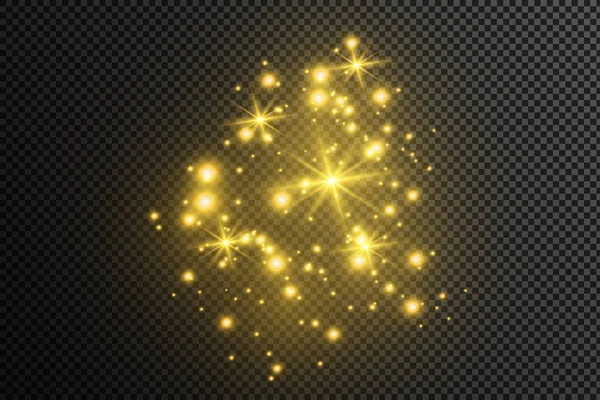 먼지는 노란색이다 황금빛 별들은 빛으로 빛납니다 반사체는 배경에 크리스마스 빛나는 — 스톡 벡터