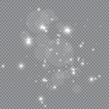 Toz sarıdır. Sarı kıvılcımlar ve altın yıldızlar özel ışıkla parlıyorlar. Şeffaf bir arkaplanda vektör parıldıyor. Noel ışığı etkisi. Parlak sihirli toz parçacıkları.