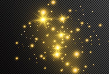 Beyaz toz. Beyaz kıvılcım ve altın yıldız ile özel ışık parlaklık. Vektör şeffaf bir arka plan üzerinde parıldıyor. Noel soyut desen. Köpüklü büyülü toz parçacıkları.