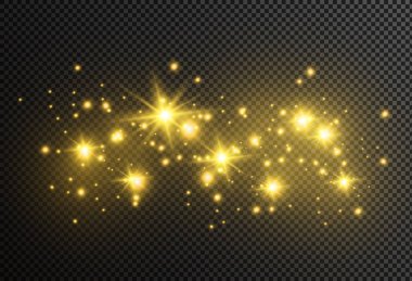 Beyaz toz. Beyaz kıvılcım ve altın yıldız ile özel ışık parlaklık. Vektör şeffaf bir arka plan üzerinde parıldıyor. Noel soyut desen. Köpüklü büyülü toz parçacıkları.