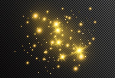 Beyaz toz. Beyaz kıvılcım ve altın yıldız ile özel ışık parlaklık. Vektör şeffaf bir arka plan üzerinde parıldıyor. Noel soyut desen. Köpüklü büyülü toz parçacıkları.