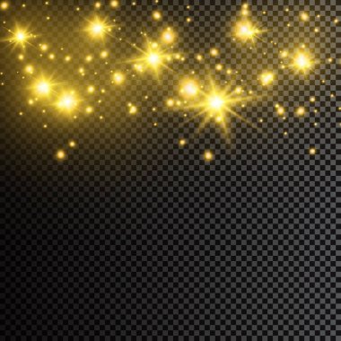 Beyaz toz. Beyaz kıvılcım ve altın yıldız ile özel ışık parlaklık. Vektör şeffaf bir arka plan üzerinde parıldıyor. Noel soyut desen. Köpüklü büyülü toz parçacıkları.