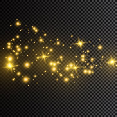 Beyaz toz. Beyaz kıvılcım ve altın yıldız ile özel ışık parlaklık. Vektör şeffaf bir arka plan üzerinde parıldıyor. Noel soyut desen. Köpüklü büyülü toz parçacıkları.