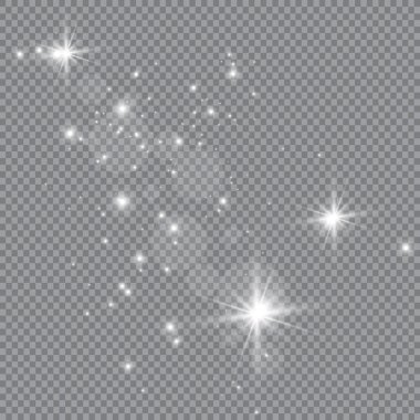 Toz sarıdır. Sarı kıvılcımlar ve altın yıldızlar özel ışıkla parlıyorlar. Şeffaf bir arkaplanda vektör parıldıyor. Noel ışığı etkisi. Parlak sihirli toz parçacıkları.