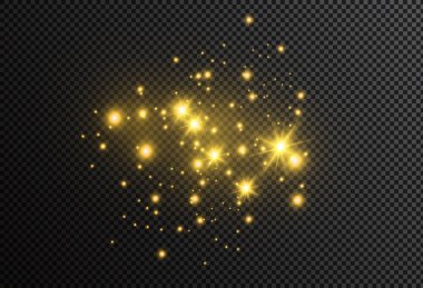 Beyaz toz. Beyaz kıvılcım ve altın yıldız ile özel ışık parlaklık. Vektör şeffaf bir arka plan üzerinde parıldıyor. Noel soyut desen. Köpüklü büyülü toz parçacıkları.