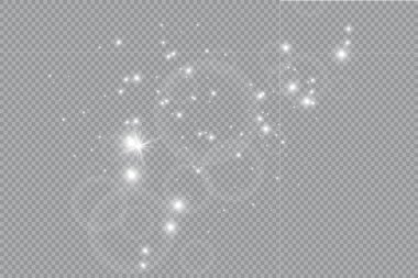 Beyaz toz. Beyaz kıvılcım ve altın yıldız ile özel ışık parlaklık. Vektör şeffaf bir arka plan üzerinde parıldıyor. Noel soyut desen. Köpüklü büyülü toz parçacıkları.
