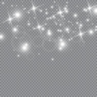 Beyaz toz. Beyaz kıvılcım ve altın yıldız ile özel ışık parlaklık. Vektör şeffaf bir arka plan üzerinde parıldıyor. Noel soyut desen. Köpüklü büyülü toz parçacıkları.