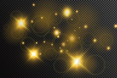 Toz sarıdır. Sarı kıvılcımlar ve altın yıldızlar özel ışıkla parlıyorlar. Şeffaf bir arkaplanda vektör parıldıyor. Noel ışığı etkisi. Parlak sihirli toz parçacıkları.